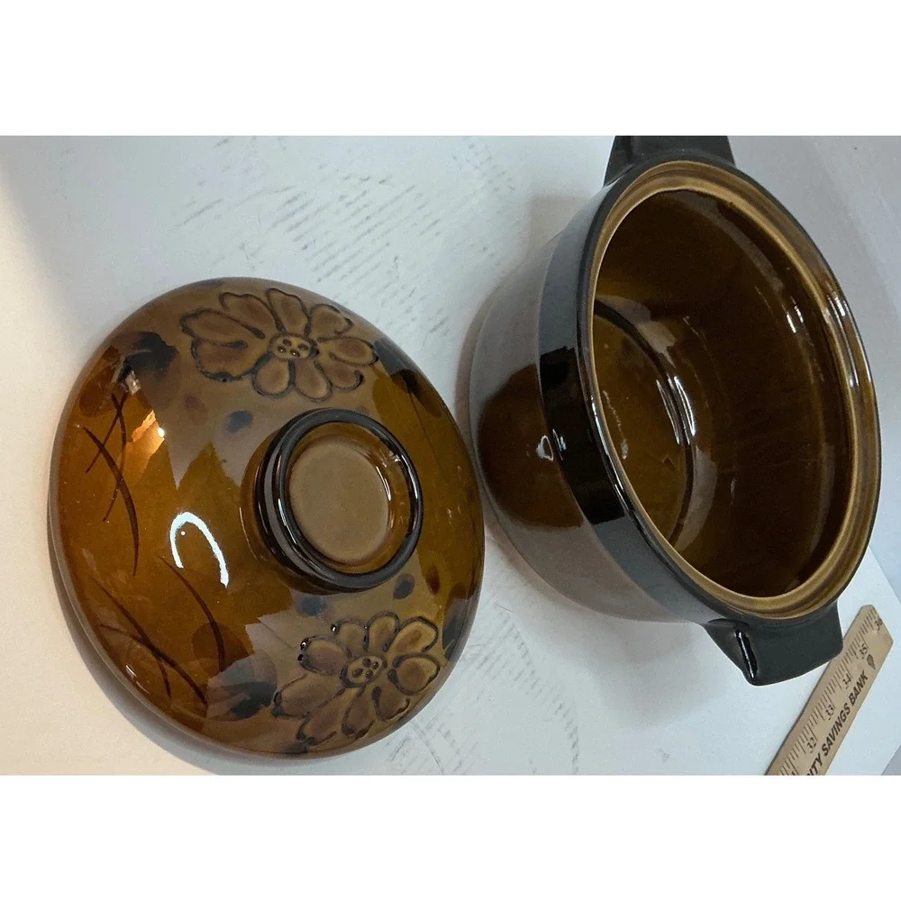 Vintage Ceramic Casserole Bean Pot with Lid Brown Floral Oven Proof Stoneware